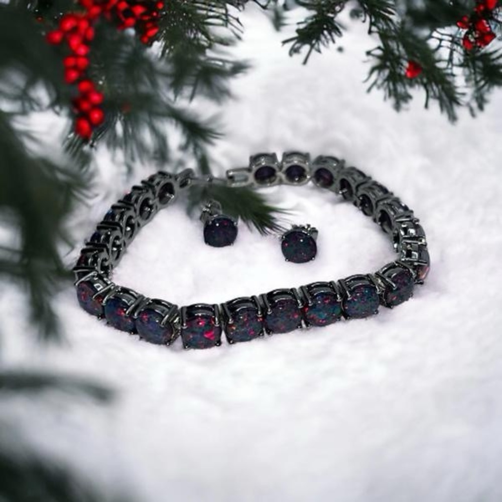 Black Opal Tennis Bracelet - 7.5 Inch with 2 Inch, Stainless Steel with Rhodium